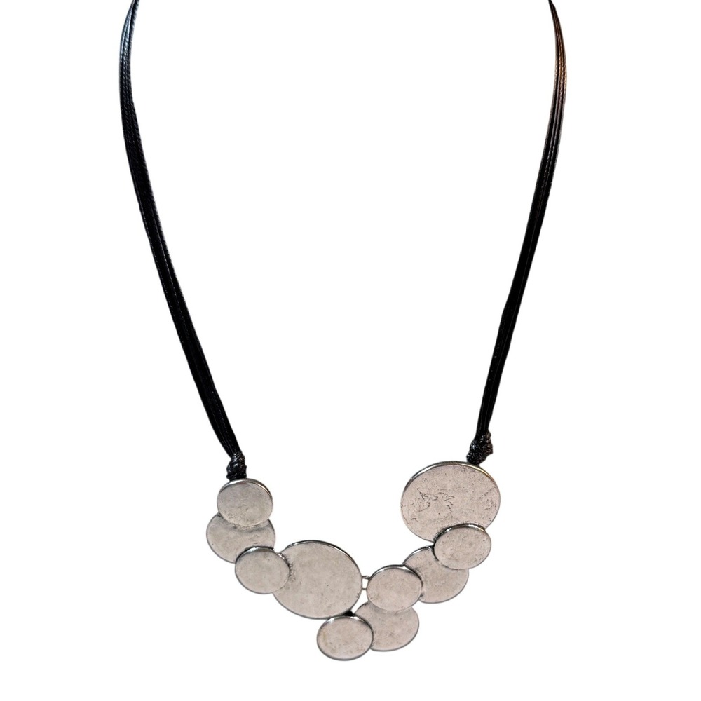 Statement Bib Necklace Silver Black Hammered Circle Boho Geometric Jewelry